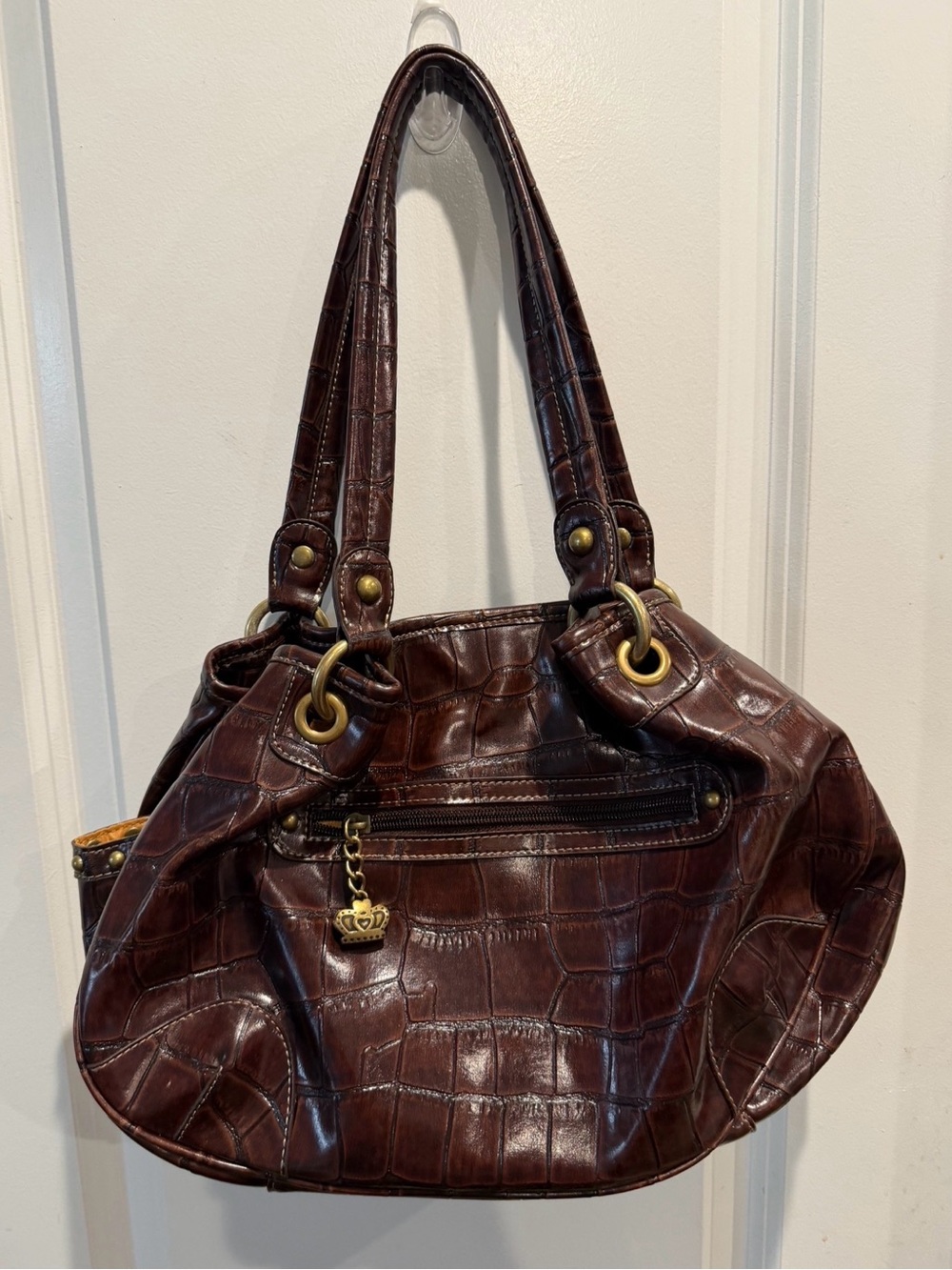 Vintage Y2K Kathy Van Zeeland Brown Croc Embossed Handbag Purse Charms NWT - Picture 3 of 4